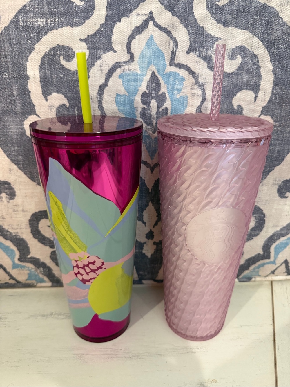 Starbucks Pink Floral & Textured Pink Tumbler Duo with Yellow Straw